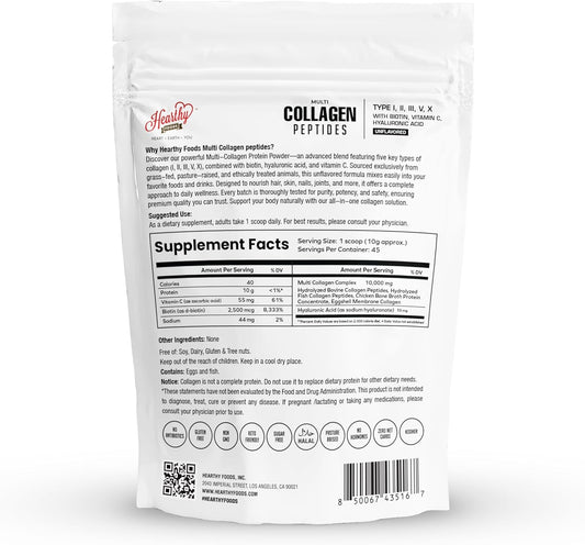 Multi Collagen Protein Powder 16oz - 45 Servings | 5 Types I, II, III, V, X | Grass-Fed, Halal, Kosher | with Biotin, Hyaluronic Acid & Vitamin C | Unflavored