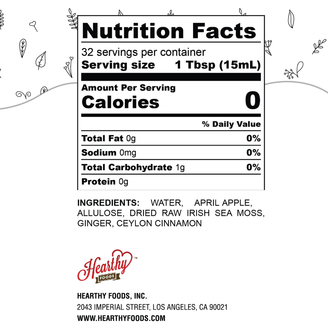 sea moss ingrediet list: water, apple flour, allulose, dried raw Irish, sea moss, ginger, celyon cinnamon