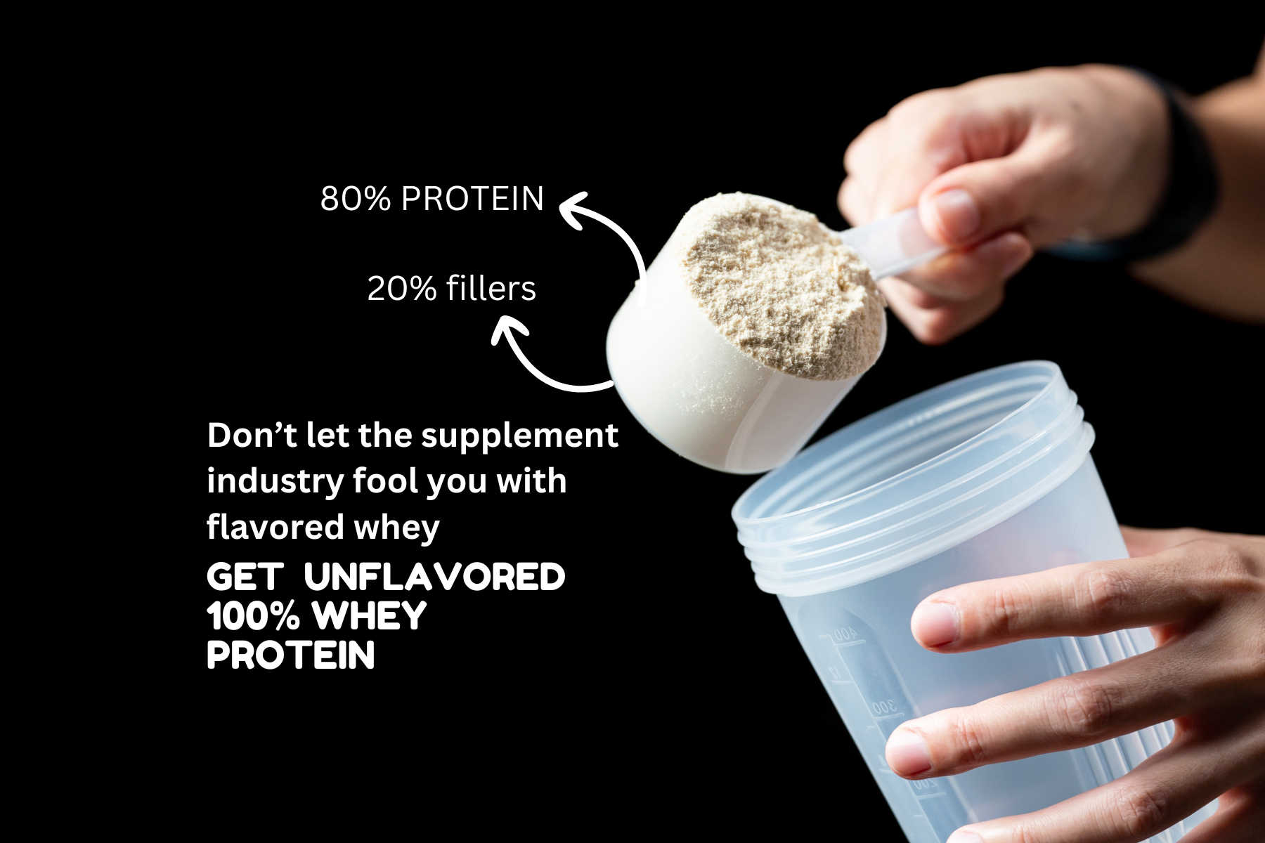 picture of a shaker cup that says get unflavored whey because it has no additives