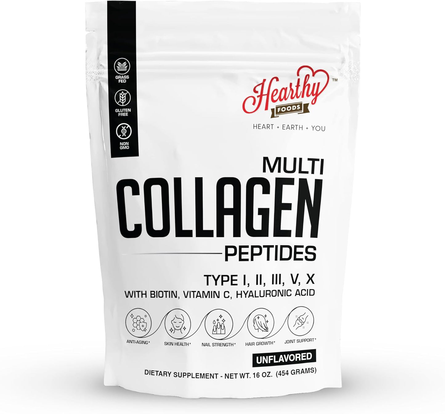 Multi Collagen Protein Powder 16oz - 45 Servings | 5 Types I, II, III, V, X | Grass-Fed, Halal, Kosher | with Biotin, Hyaluronic Acid & Vitamin C | Unflavored