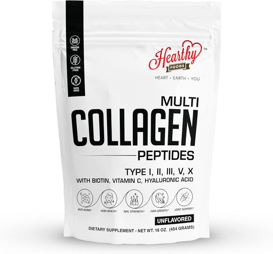 Multi Collagen Protein Powder 16oz - 45 Servings | 5 Types I, II, III, V, X | Grass-Fed, Halal, Kosher | with Biotin, Hyaluronic Acid & Vitamin C | Unflavored