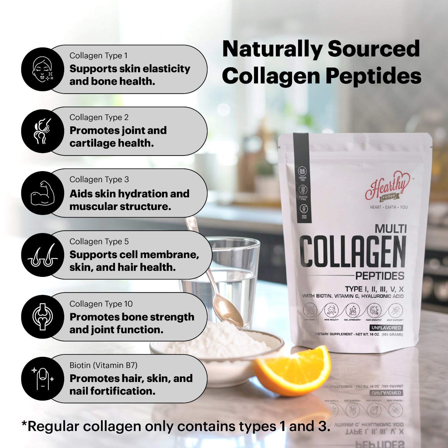 Multi Collagen Protein Powder 16oz - 45 Servings | 5 Types I, II, III, V, X | Grass-Fed, Halal, Kosher | with Biotin, Hyaluronic Acid & Vitamin C | Unflavored