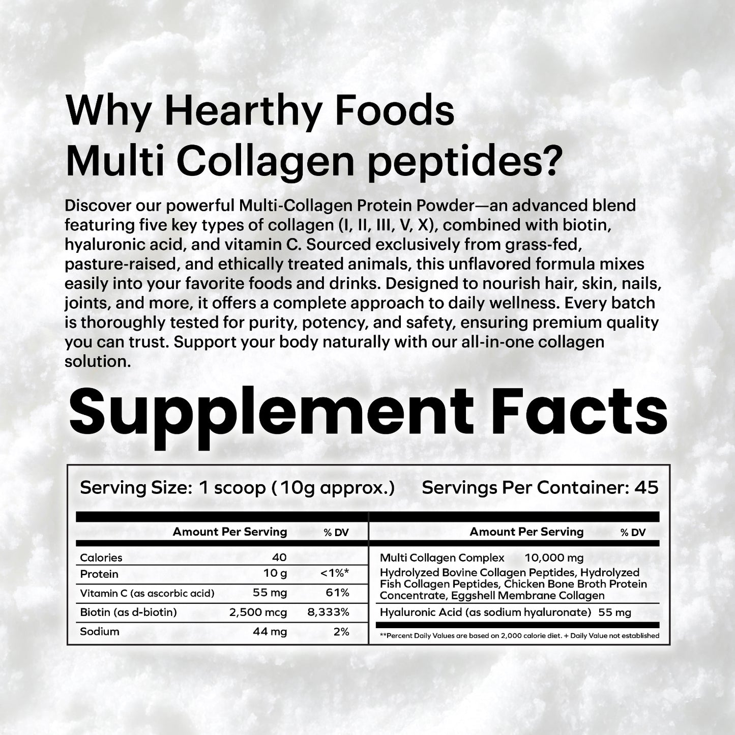 Multi Collagen Protein Powder 16oz - 45 Servings | 5 Types I, II, III, V, X | Grass-Fed, Halal, Kosher | with Biotin, Hyaluronic Acid & Vitamin C | Unflavored